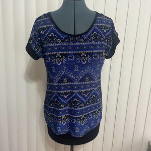 Lavash - Blue, Black and White geometric pattern blouse Size M